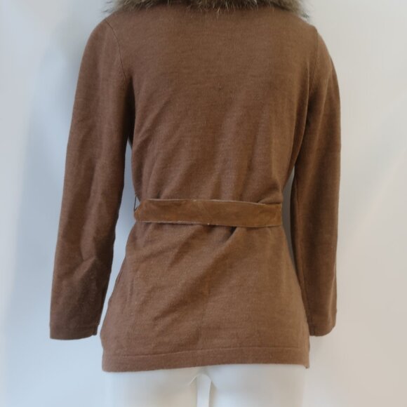 Womens Minnie Rose Brown Merino Wool Blend Racoon Fur Collar Cardigan Sweater M - Picture 9 of 13